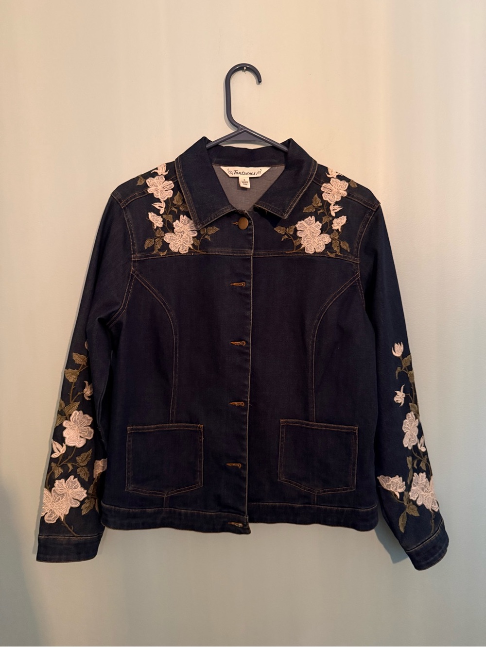 Talbots Navy Denim Jacket with Pink Floral Embroidery